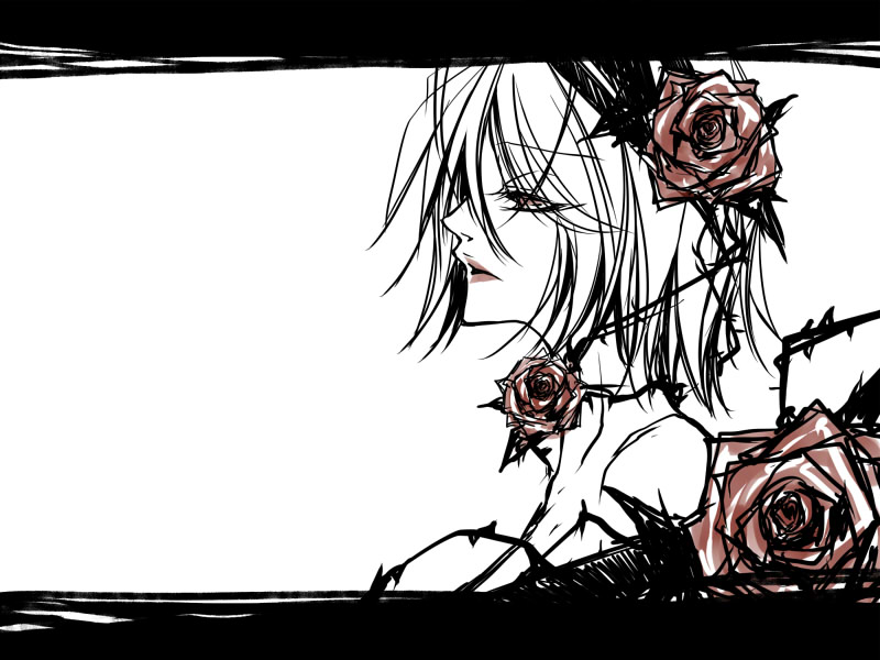 flower iroha_uta_(vocaloid) kagamine_rin letterboxed lipstick makeup monochrome red_eyes red_flower red_rose rose shiinoyuko short_hair simple_background solo spot_color thorns vocaloid