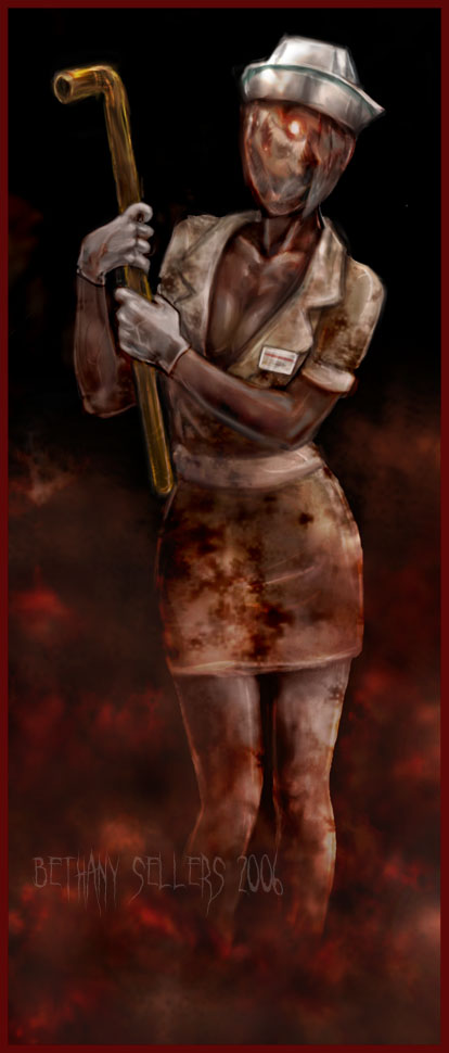 1girl blood breasts bubble_head_nurse cleavage faceless gloves hat lead_pipe monster_girl nurse nurse_cap silent_hill silent_hill_2 solo
