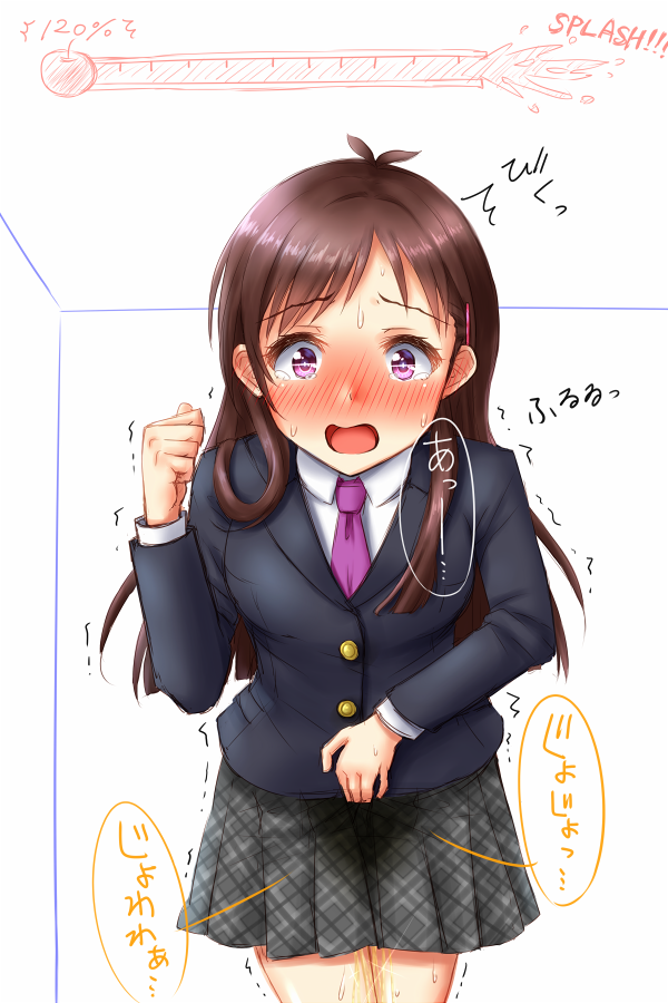 1girl apotea bangs black_jacket blush brown_hair clenched_hand cowboy_shot embarrassed english_text eyebrows_visible_through_hair female grey_skirt hand_up have_to_pee idolmaster idolmaster_cinderella_girls indoors jacket japanese_text legs_together long_hair long_sleeves looking_at_viewer necktie nose_blush open_mouth peeing peeing_self plaid plaid_skirt pleated_skirt purple_eyes purple_neckwear school_uniform shiny shiny_hair skirt solo speech_bubble standing sweat tears translation_request trembling tsujino_akari urine_meter wet wet_clothes white_background wide-eyed