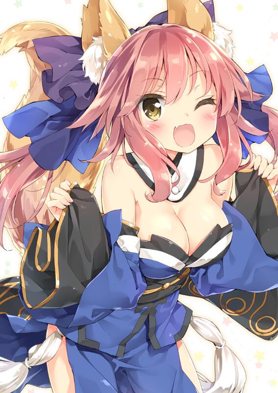 ;d animal_ears bare_shoulders blush bow breasts cleavage detached_sleeves fang fate/extra fate_(series) fox_ears fox_tail hair_bow japanese_clothes large_breasts leaning_forward obi one_eye_closed open_mouth peko pink_hair sash sleeves_past_wrists smile solo tail tamamo_(fate)_(all) tamamo_no_mae_(fate) twintails yellow_eyes