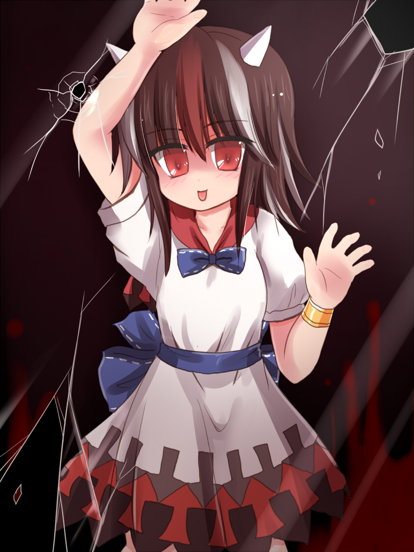 :p against_glass black_hair blood bow brown_background dress fourth_wall horns kijin_seija looking_at_viewer multicolored_hair open_mouth red_eyes red_hair ry short_hair simple_background solo streaked_hair tongue tongue_out touhou white_dress white_hair wrist_cuffs