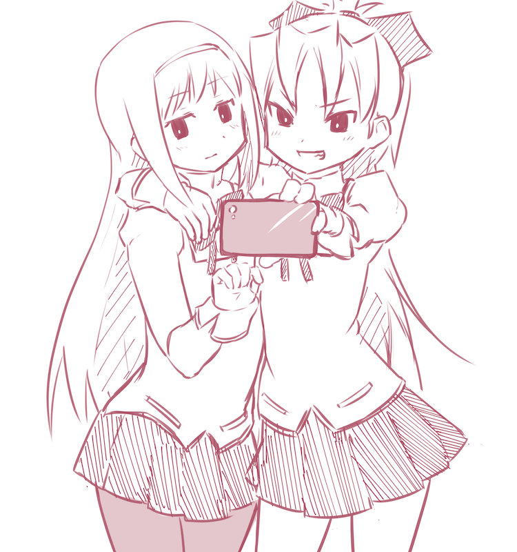 :d akemi_homura arm_around_shoulder bow cellphone hair_bow hairband long_hair mahou_shoujo_madoka_magica monochrome multiple_girls open_mouth outstretched_arm pantyhose phone ponytail sakura_kyouko school_uniform self_shot simple_background skirt smile uasi white_background