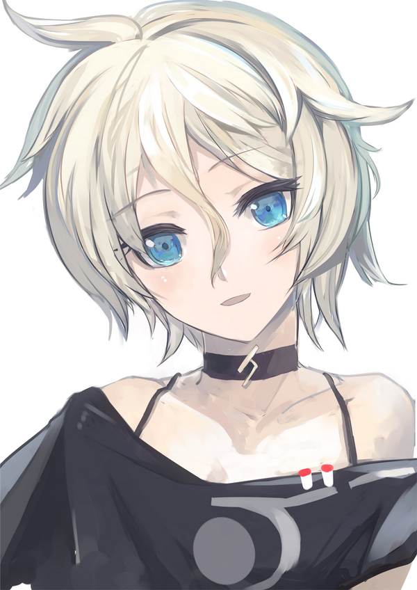 alternate_hair_length alternate_hairstyle bare_shoulders blonde_hair blue_eyes choker ia_(vocaloid) looking_at_viewer parted_lips pupps short_hair simple_background smile solo vocaloid