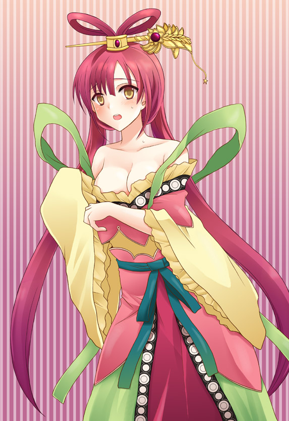 blush chinese_clothes hair_ornament hair_rings hair_stick hanfu long_hair magi_the_labyrinth_of_magic off_shoulder red_hair ren_kougyoku solo striped striped_background vertical-striped_background vertical_stripes very_long_hair yellow_eyes