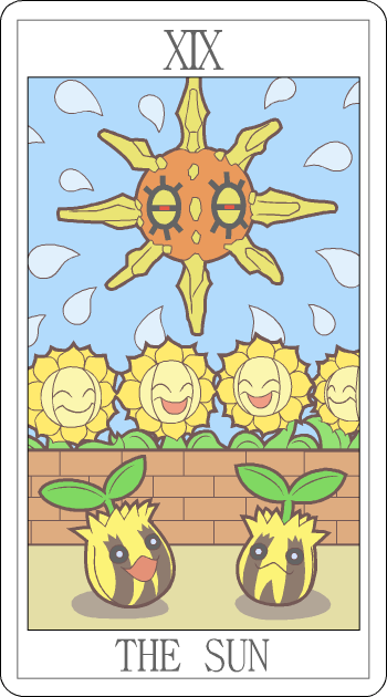 english_text group looking_at_viewer miji nintendo pok&#233;mon smile solrock sunflora sunkern tarot_card text unknown_artist video_games