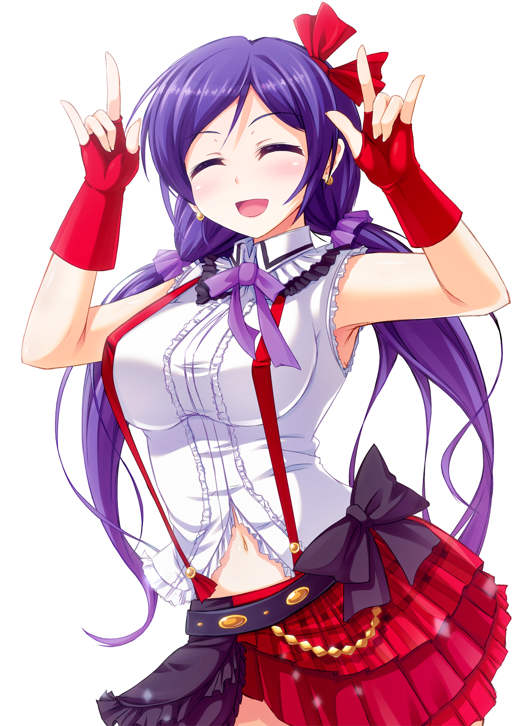 1girl armpits arms_up belt breasts earrings eyes_closed female fingerless_gloves gloves hair_ornament happy highres jewelry large_breasts long_hair long_twintails love_live!_school_idol_project navel open_mouth purple_hair red_gloves ribbon shirt simple_background skirt solo standing toujou_nozomi tsukimiya_kyosuke twintails white_background