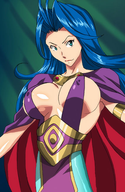 1girl ahoge blue_eyes blue_hair breasts breath_of_fire breath_of_fire_i cape center_opening deis ichijiku large_breasts long_hair looking_at_viewer monster_girl solo