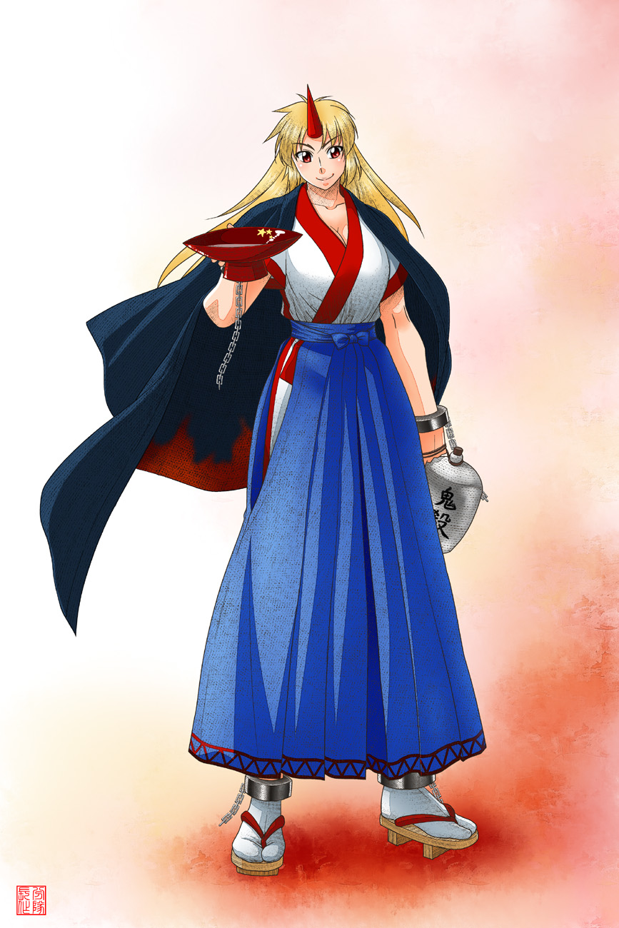 alcohol alternate_costume blonde_hair buntaichou chain cuffs cup gourd highres horn hoshiguma_yuugi long_hair pleated_skirt red_eyes sakazuki sake sandals shackles skirt smile touhou