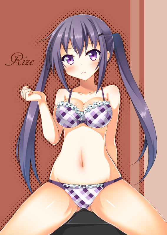 blush bow bow_bra bow_panties bra breasts brown_background character_name cleavage collarbone frilled_bra frilled_panties frills frown gochuumon_wa_usagi_desu_ka? hair_ornament hairclip large_breasts long_hair navel outline panties plaid plaid_bra plaid_panties purple_bra purple_eyes purple_hair purple_panties sitting solo spread_legs syuurin tedeza_rize twintails underwear underwear_only very_long_hair