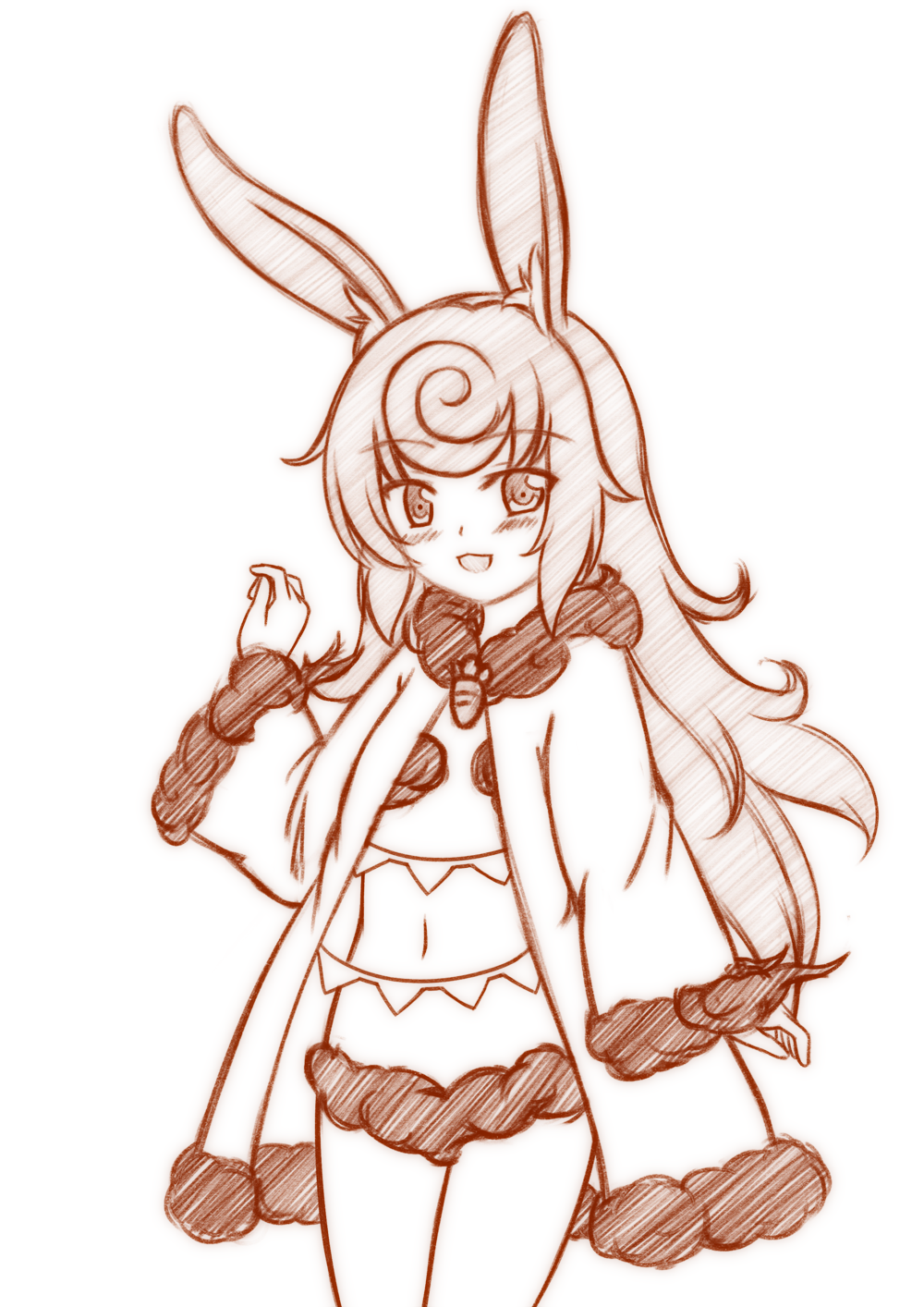 animal_ears bunny_ears highres long_hair looking_at_viewer minaha_(playjoe2005) monochrome simple_background sketch smile solo white_background