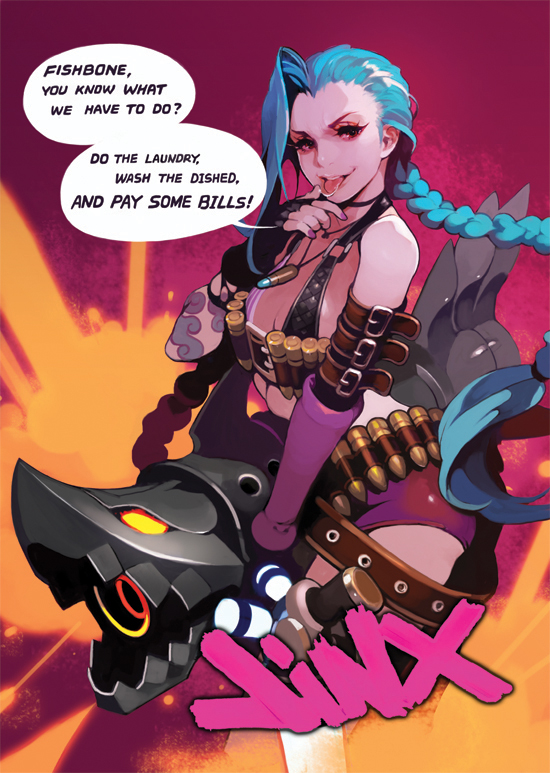 :p akito1179 belt black_gloves blue_hair braid character_name english fingerless_gloves gloves jewelry jinx_(league_of_legends) league_of_legends long_hair nail_polish necklace pink_eyes pink_nails rocket_launcher shorts smirk solo speech_bubble tongue tongue_out twin_braids weapon