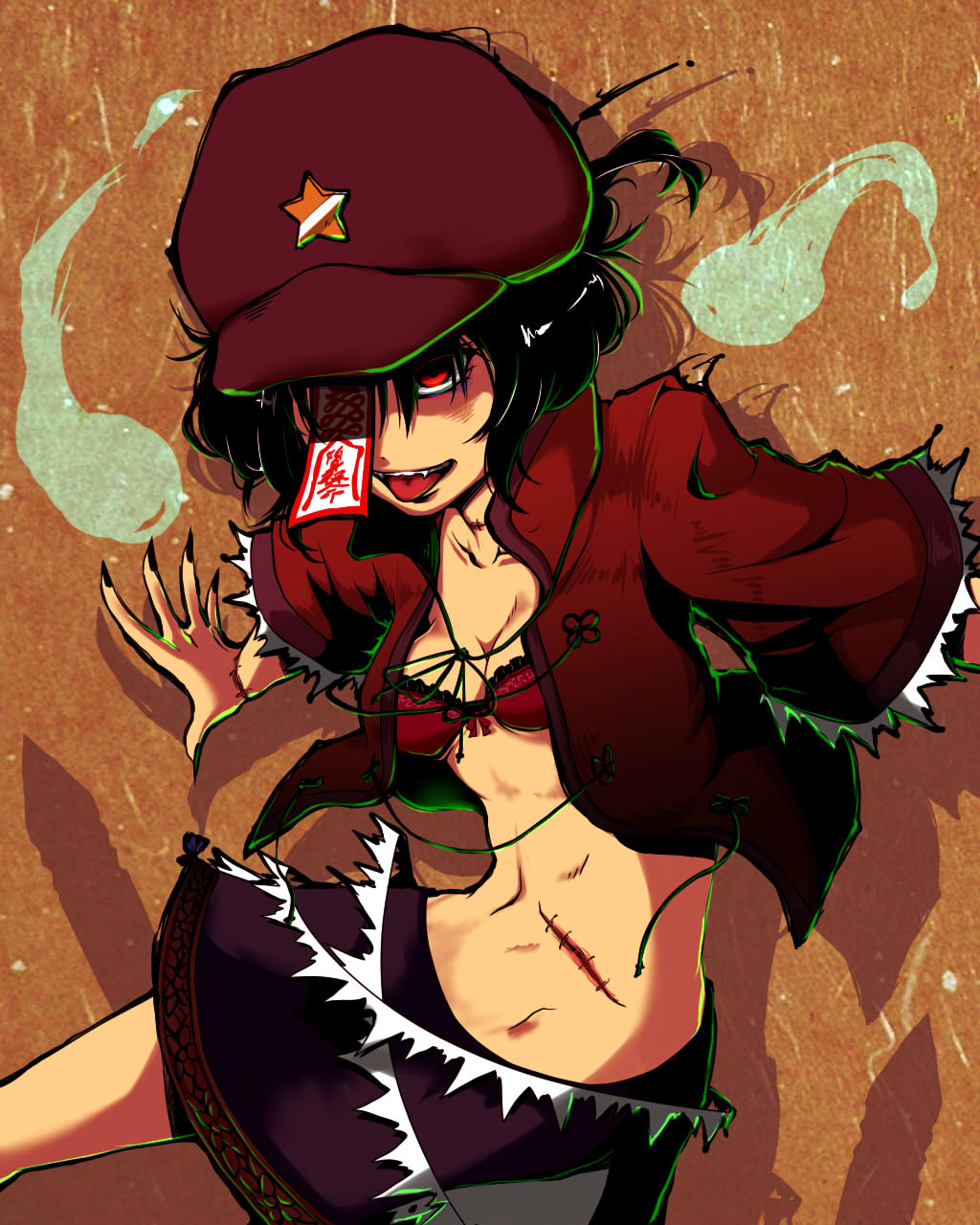 black_hair bra commentary_request fingernails hat highres hitodama jiangshi miyako_yoshika ofuda open_mouth outstretched_arms red_eyes scar sharp_teeth shika_miso short_hair skirt solo star teeth tongue tongue_out torn_clothes touhou underwear