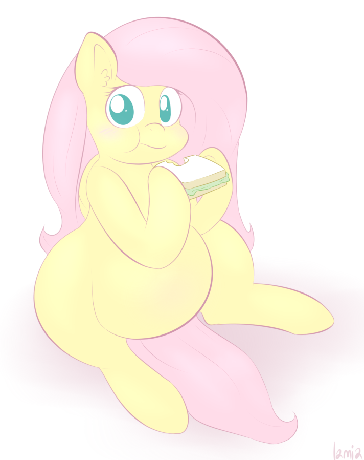 blue_eyes eating equine female fluttershy_(mlp) food friendship_is_magic fur hair horse lamiaaaa looking_at_viewer mammal meme my_little_pony overweight pegasus pink_hair pony pregnant sandwich sandwich_(food) sitting solo wings yellow_fur