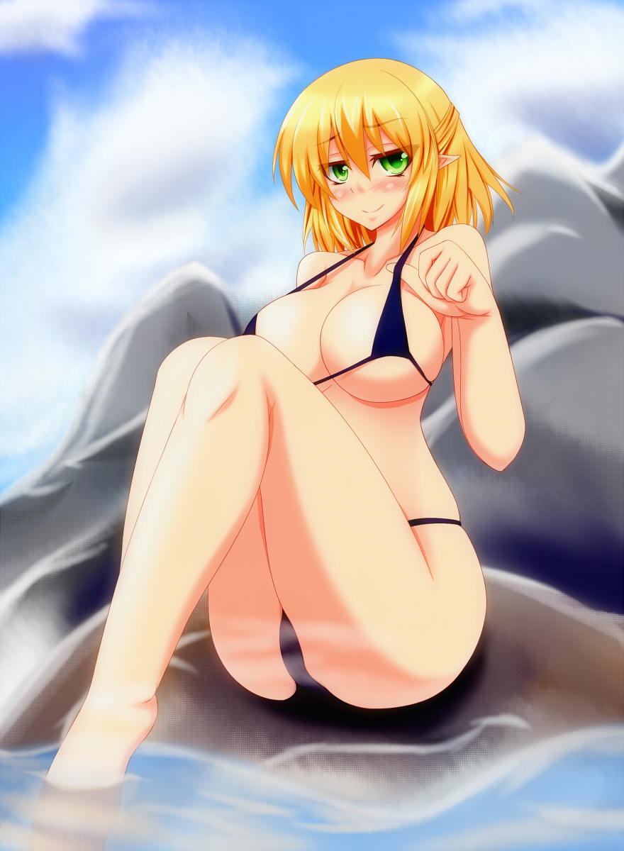bikini black_bikini blonde_hair breasts green_eyes highres large_breasts looking_at_viewer mizuhashi_parsee parmiria partially_submerged pointy_ears smile steam strap_gap strap_lift swimsuit touhou