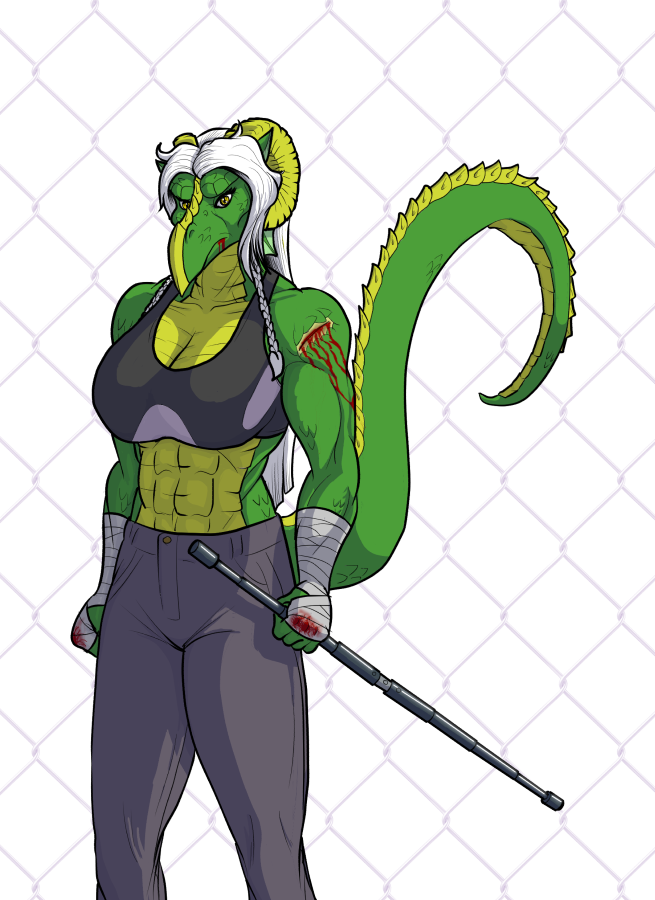 abs anthro biceps big_breasts blood breasts cleavage clothed clothing dragon female fist_wraps hair hand_wraps lonewolf_(343) long_hair looking_at_viewer lucia_traveyne midriff muscles muscular_female navel older_woman plain_background solo sports_bra standing toned weapon wounded yellow_eyes