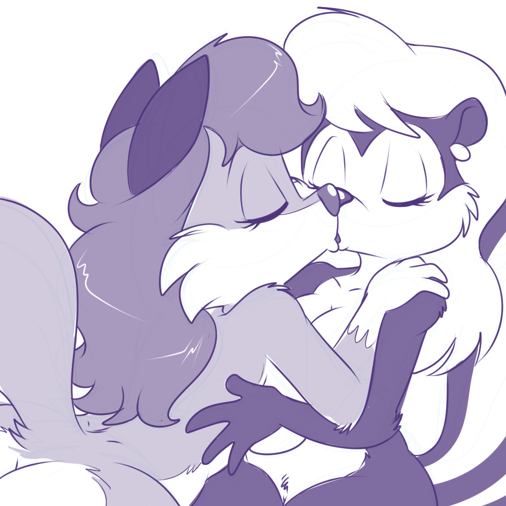 butt canine cute duo ear_piercing embrace eye_lashes eyelashes eyes_closed female fox hair kissing lesbian lonbluewolf long_hair mammal monochrome nude piercing plain_background side_boob sitting skunk white_background