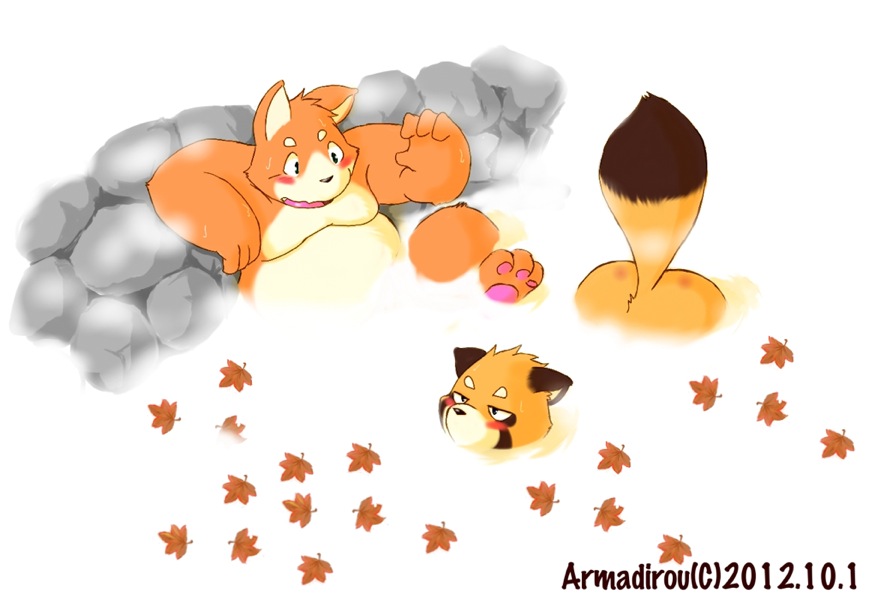armadirou ass_up black_nose blush butt chubby duo hindpaw leaf male moobs open_mouth pawpads paws sweat