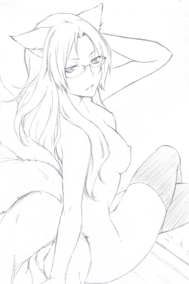 animal_ears breasts crossed_legs fox_ears fox_tail glasses highres long_hair looking_back monochrome multiple_tails nipples nude sitting small_breasts solo tail thighhighs umi_koromo