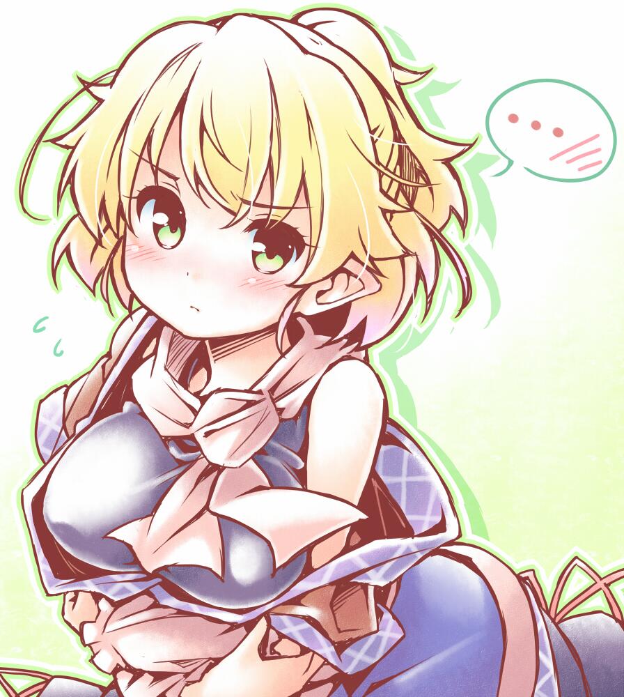 1girl arm_warmers blonde_hair blush breasts embarrassed green_eyes kibushi large_breasts looking_at_viewer mizuhashi_parsee pointy_ears ponytail scarf short_hair solo touhou