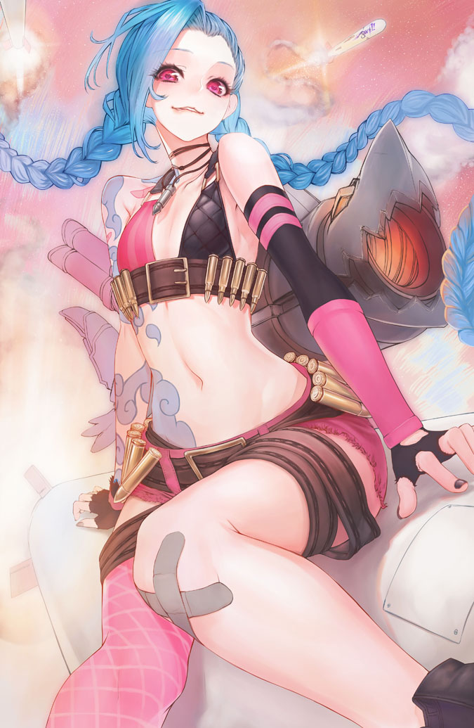 bandaid belt black_gloves black_nails blue_hair braid fingerless_gloves gloves jewelry jinx_(league_of_legends) league_of_legends long_hair looking_at_viewer midriff mins_(minevi) nail_polish navel necklace pink_eyes rocket_launcher shorts single_thighhigh smile solo tattoo thighhighs twin_braids weapon