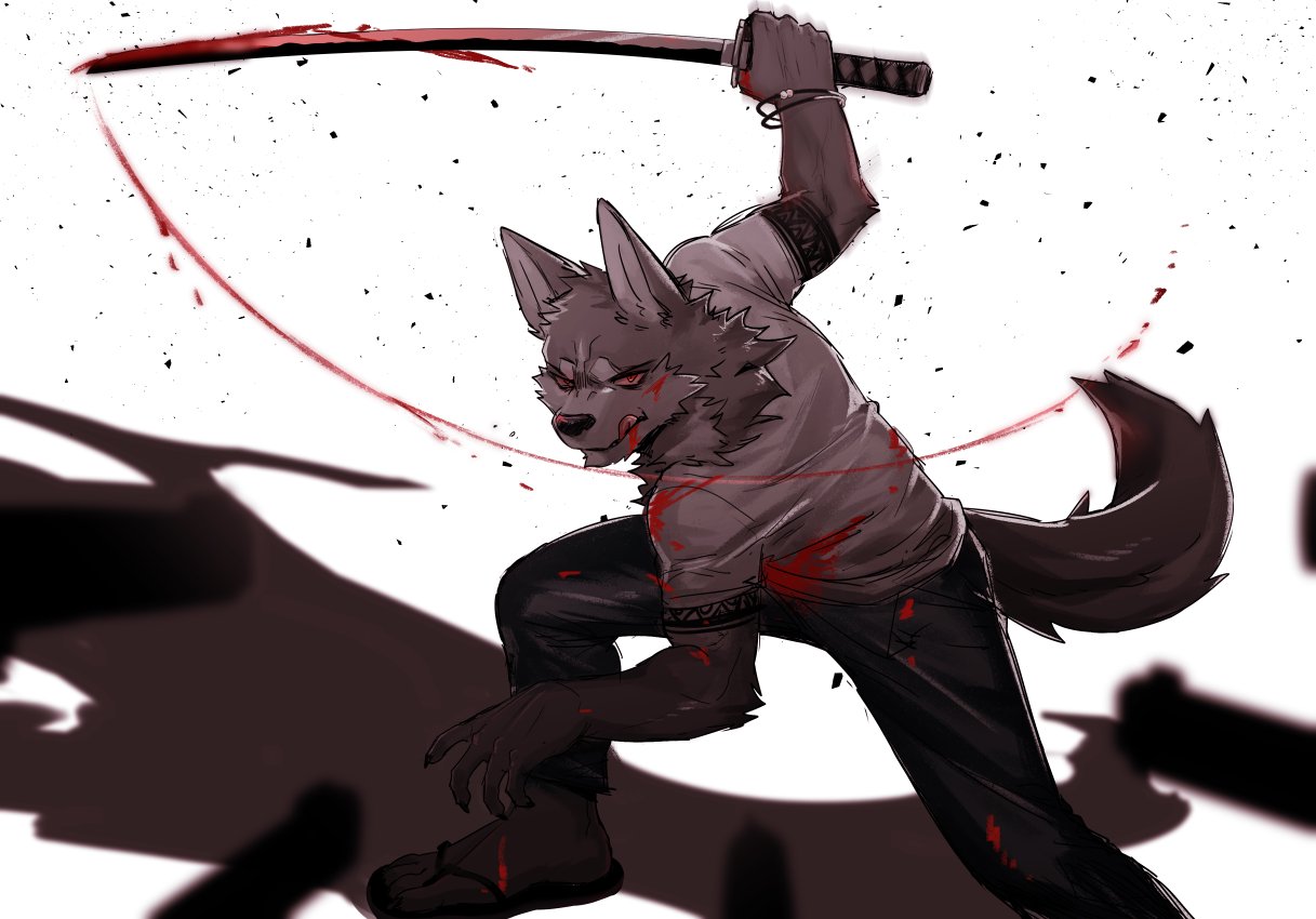 2018 anthro blood canine chang52084 claws clothed clothing fur hi_res male mammal melee_weapon solo spot_color sword weapon wolf