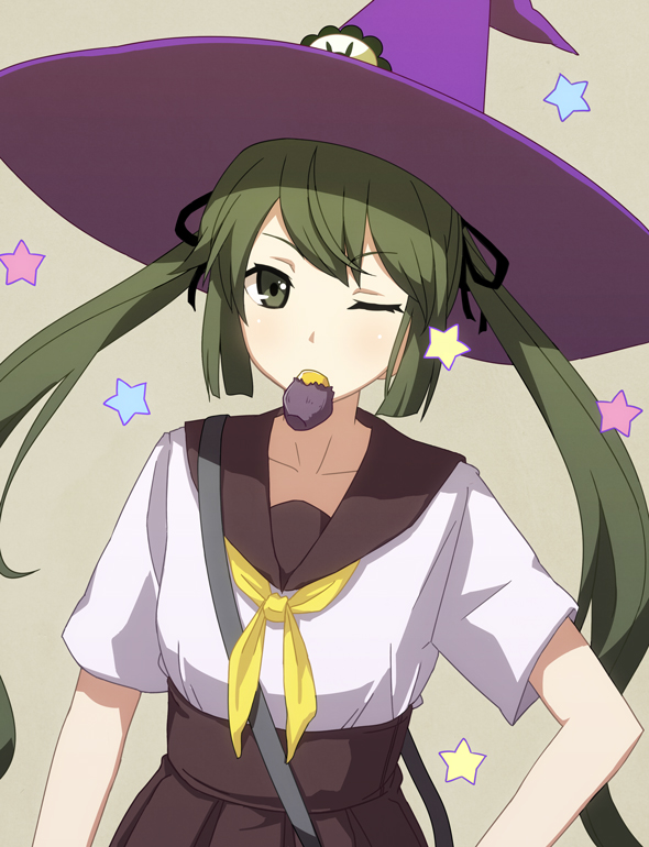 fairy_(kantai_collection) green_eyes green_hair hat humanization kantai_collection kinosita_ginkou long_hair looking_at_viewer mouth_hold one_eye_closed school_uniform serafuku simple_background solo star type_91_armor-piercing_shell witch_hat