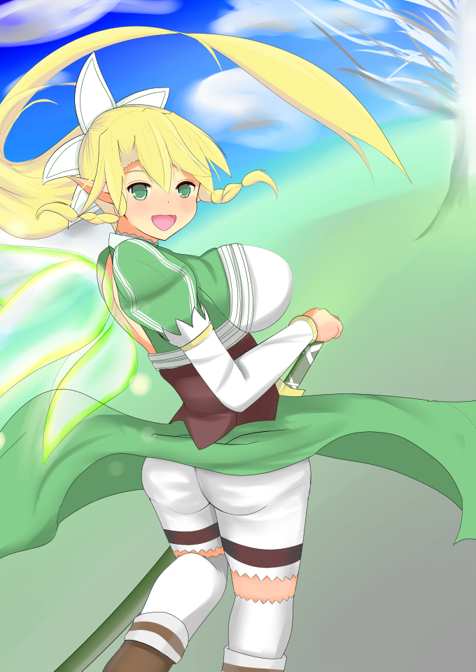 1girl artist_request ass blonde_hair braid breasts elf fairy_wings from_behind green_eyes huge_breasts leafa long_hair looking_at_viewer looking_back looking_over_shoulder open_mouth pointy_ears ponytail puffy_sleeves sheath sheathed shorts sideboob skirt smile sword sword_art_online thighhighs weapon wings