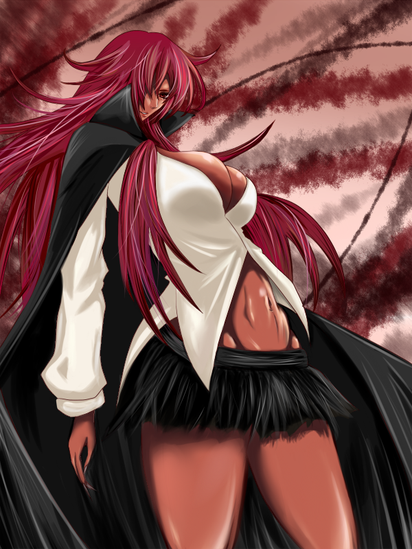 1girl bad_id breasts dark_skin hair_over_one_eye kirche_augusta_frederica_von_anhalt_zerbst large_breasts long_hair red_eyes red_hair saogokushi skirt solo very_long_hair zero_no_tsukaima