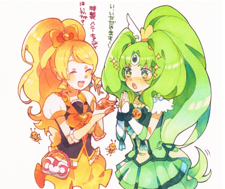 arm_warmers bee blonde_hair blush bubble_skirt bug closed_eyes crossover cure_honey cure_march detached_sleeves dress fingerless_gloves gloves green_dress green_eyes green_hair green_skirt hair_ornament hair_ribbon happinesscharge_precure! hayashi_(kanzume) insect long_hair magical_girl midorikawa_nao multiple_girls oomori_yuuko open_mouth ponytail precure puffy_sleeves ribbon shirt simple_background skirt smile_precure! translation_request tri_tails very_long_hair vest white_background wide_ponytail wrist_cuffs yellow_skirt