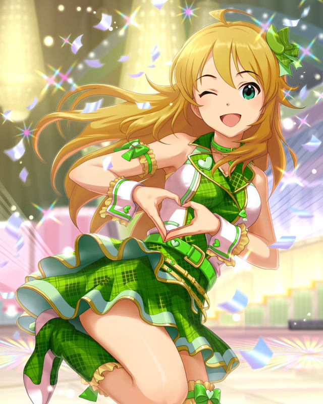 ;d ahoge artist_request blonde_hair boots check_my_note green_eyes green_footwear heart heart_hands hoshii_miki idolmaster idolmaster_(classic) idolmaster_cinderella_girls idolmaster_one_for_all jpeg_artifacts long_hair official_art one_eye_closed open_mouth skirt smile solo wrist_cuffs