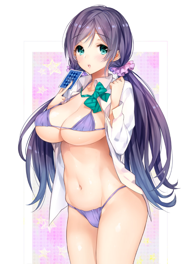 aqua_eyes bikini blush breasts card cleavage dress_shirt holding holding_card kaguyuzu large_breasts long_hair looking_at_viewer love_live! love_live!_school_idol_project md5_mismatch navel neck_ribbon open_clothes parted_lips pink_scrunchie purple_bikini purple_hair ribbon scrunchie shirt solo star swimsuit toujou_nozomi twintails very_long_hair