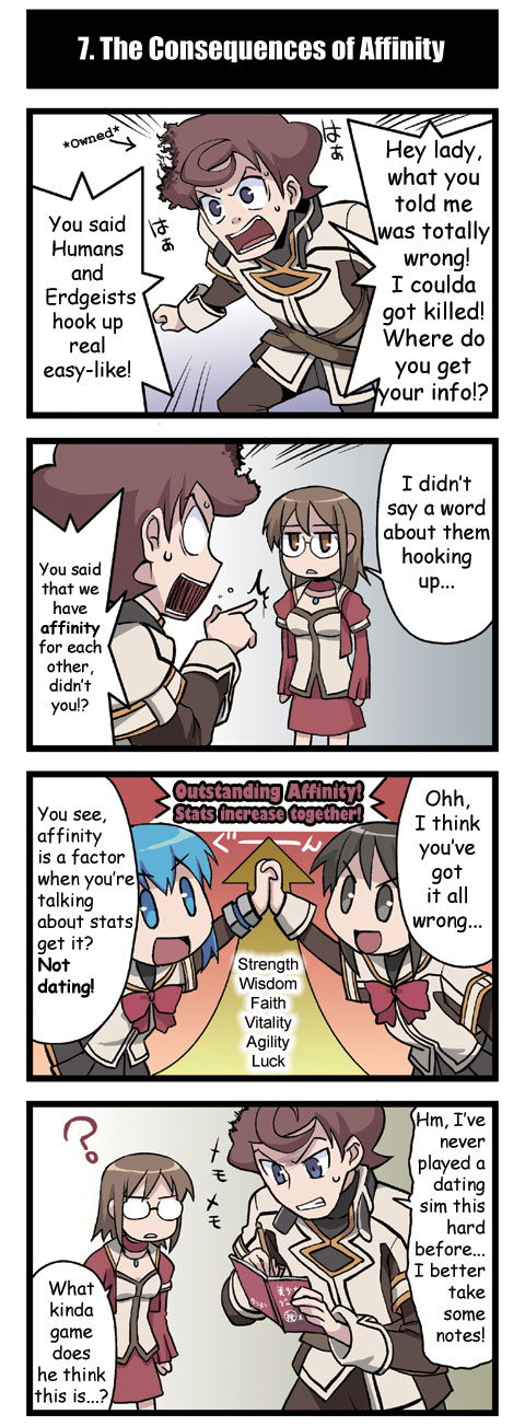 3girls 4koma ? ahoge artist_request blue_eyes blue_hair brown_eyes brown_hair burnt character_request choker class_of_heroes clenched_hand clenched_teeth comic directional_arrow emphasis_lines english glasses gnome_(totomono) hard_translated highres human_(totomono) interlocked_fingers jewelry ken_to_mahou_to_gakuen_mono multiple_girls necklace official_art opaque_glasses open_mouth parted_lips pleated_skirt pointing school_uniform skirt smile speech_bubble sweat talking teeth translated writing