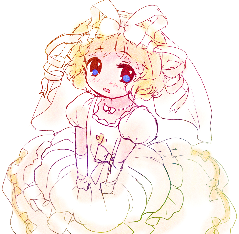 alternate_costume amo blonde_hair blue_eyes blush bridal_veil dress elbow_gloves gloves hair_ribbon jewelry looking_at_viewer medicine_melancholy necklace open_mouth ribbon solo touhou veil wedding_dress white_gloves