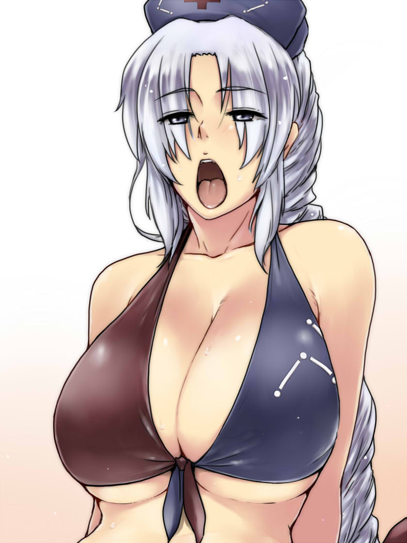 adapted_costume bikini_top breasts cleavage collarbone gradient gradient_background grey_eyes hat huge_breasts long_hair looking_at_viewer nurse_cap open_mouth silver_hair solo sweat tobisawa tongue tongue_out touhou underboob upper_body very_long_hair yagokoro_eirin