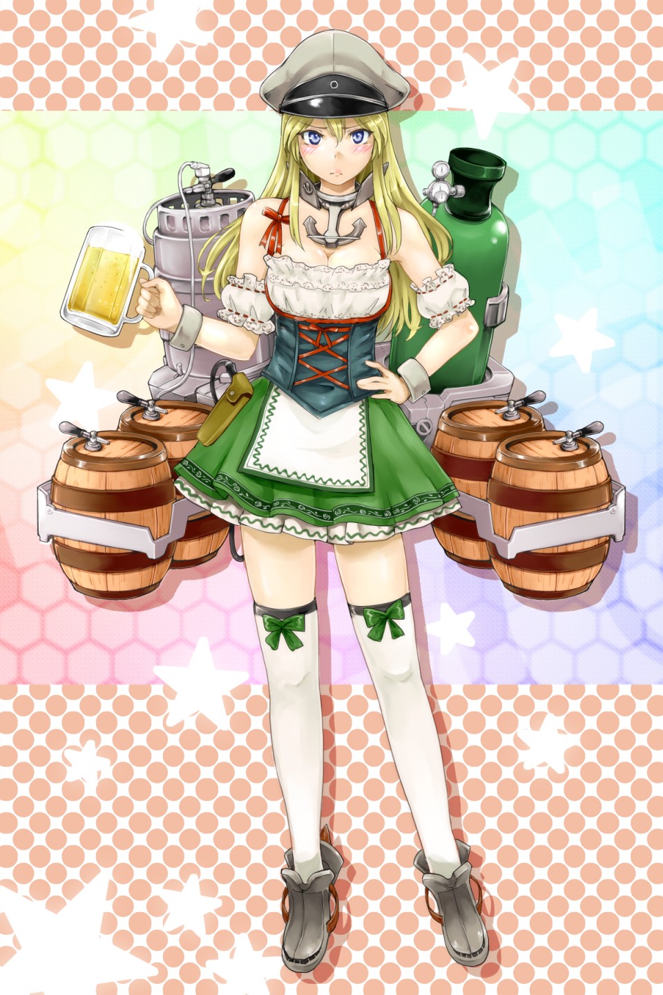 alcohol anchor bad_id bad_pixiv_id barrel beer beer_mug bismarck_(kantai_collection) blonde_hair blue_eyes breasts cleavage cup dirndl full_body german_clothes hand_on_hip hat highres hito_noma holding holding_cup kantai_collection large_breasts long_hair looking_at_viewer military_hat pleated_skirt skirt solo thighhighs white_legwear wrist_cuffs zettai_ryouiki