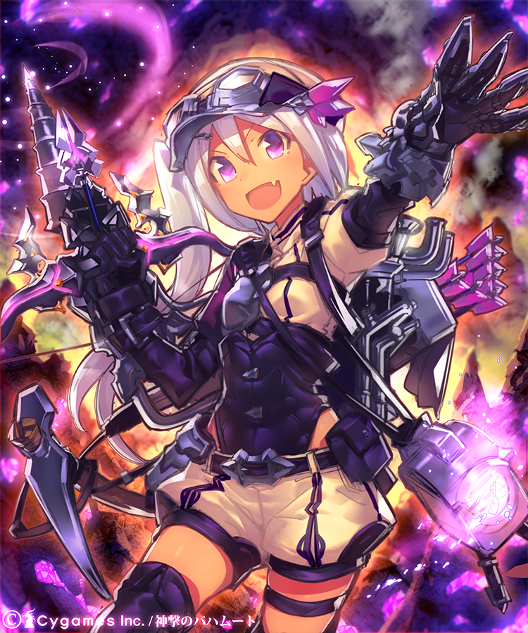 arm_up arrow blush bow_(weapon) claws crossbow feena_(shingeki_no_bahamut) gloves goggles goggles_on_head hair_between_eyes hat looking_at_viewer mckeee open_mouth pickaxe purple_eyes shingeki_no_bahamut short_hair shorts side_ponytail silver_hair smile solo weapon