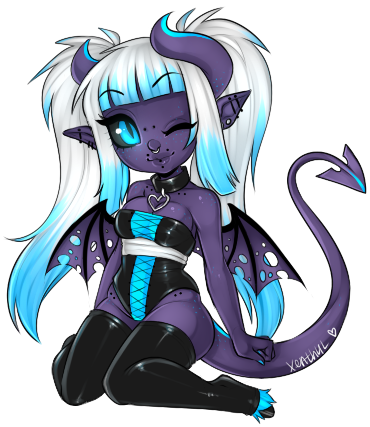 clothing collar demon ellis female horn not_furry one_eye_closed piercing pigtails skimpy solo wings wink xenthyl