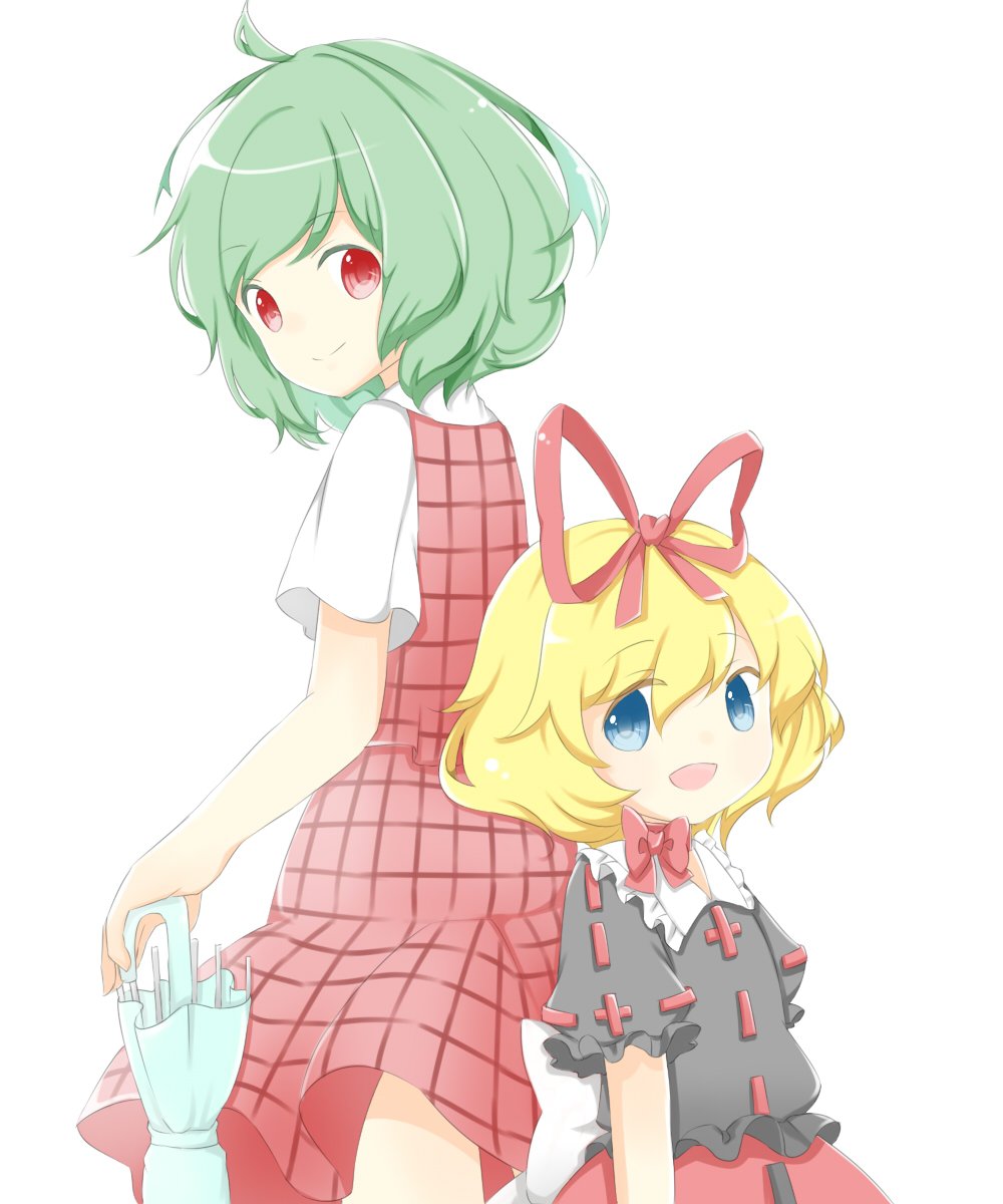 back-to-back bad_id bad_pixiv_id blonde_hair blouse blue_eyes bow closed_umbrella ellipsis_(mitei) green_hair hair_ribbon highres kazami_yuuka looking_at_viewer looking_back medicine_melancholy multiple_girls open_mouth plaid plaid_skirt plaid_vest puffy_short_sleeves puffy_sleeves red_eyes ribbon short_hair short_sleeves simple_background skirt smile touhou umbrella vest white_background