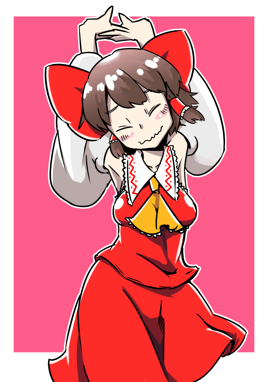 armpits arms_up ascot bangs blouse blush_stickers bow closed_eyes cowboy_shot detached_sleeves hair_bow hair_ribbon hair_tubes hakurei_reimu highres red_background red_blouse red_skirt ribbon short_hair skirt skirt_set solo stretch touhou wavy_mouth wide_sleeves zassou_maruko