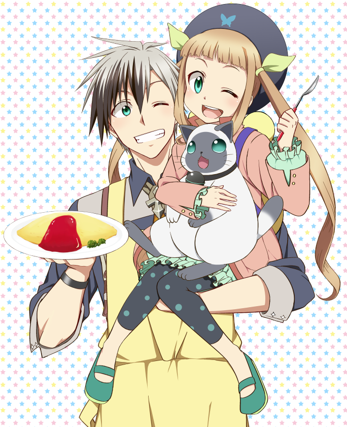 1girl apron bad_id bad_pixiv_id black_hat blonde_hair blue_eyes carrying elle_mel_martha grin hat long_hair ludger_will_kresnik lulu_(tales) multicolored_hair necktie one_eye_closed smile spoon tales_of_(series) tales_of_xillia tales_of_xillia_2 twintails utakata_masara white_hair