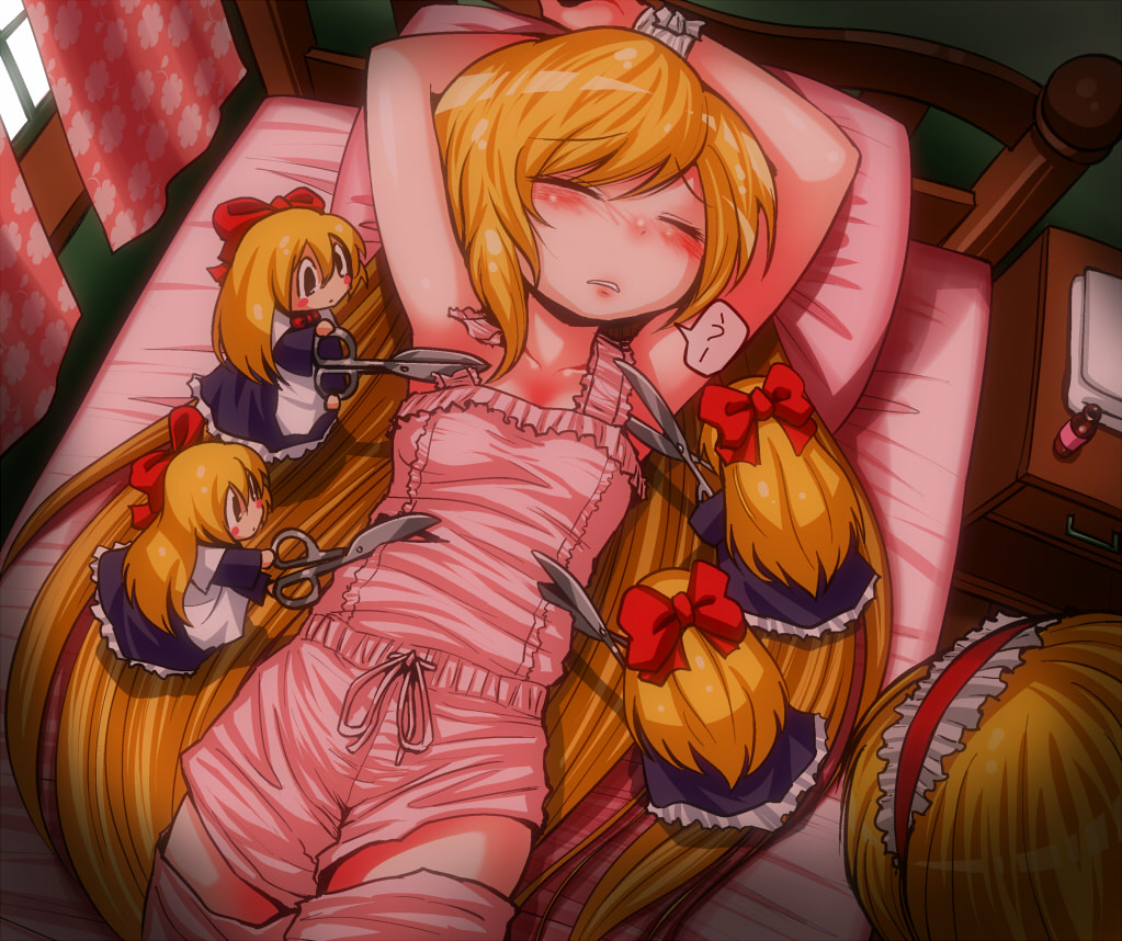 alice_margatroid apron arms_up bad_id bad_pixiv_id bed blonde_hair blue_dress blush bow closed_eyes collarbone commentary curtains cutting_clothes dress hair_bow hairband kirisame_marisa lolita_hairband long_hair lying multiple_girls namakara_exe nightgown on_back on_bed scissors shanghai_doll touhou very_long_hair waist_apron window you_gonna_get_raped