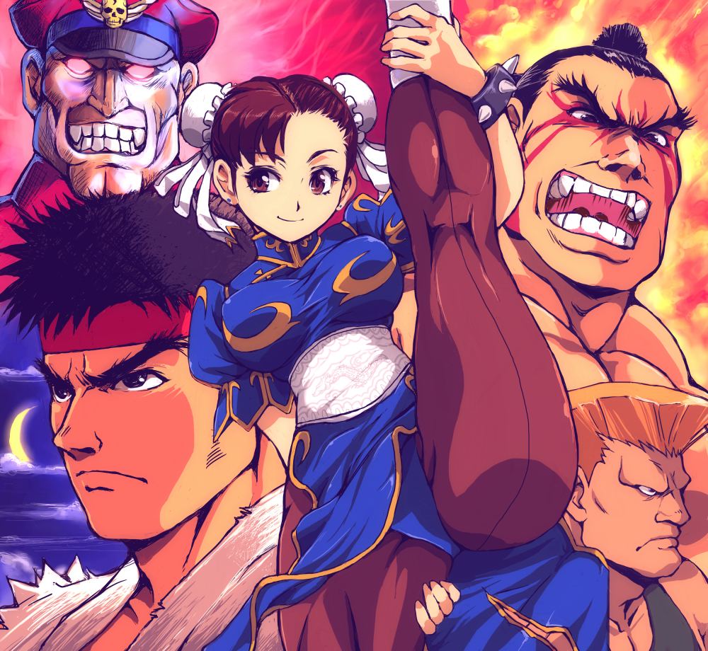 4boys bracelet breasts chinese_clothes chun-li crescent_moon edmond_honda flexible glowing glowing_eyes guile jewelry large_breasts leg_lift legs long_legs moon multiple_boys pantyhose pelvic_curtain revision ryuu_(street_fighter) spiked_bracelet spikes split standing standing_on_one_leg standing_split street_fighter thick_thighs thighs vega yuya