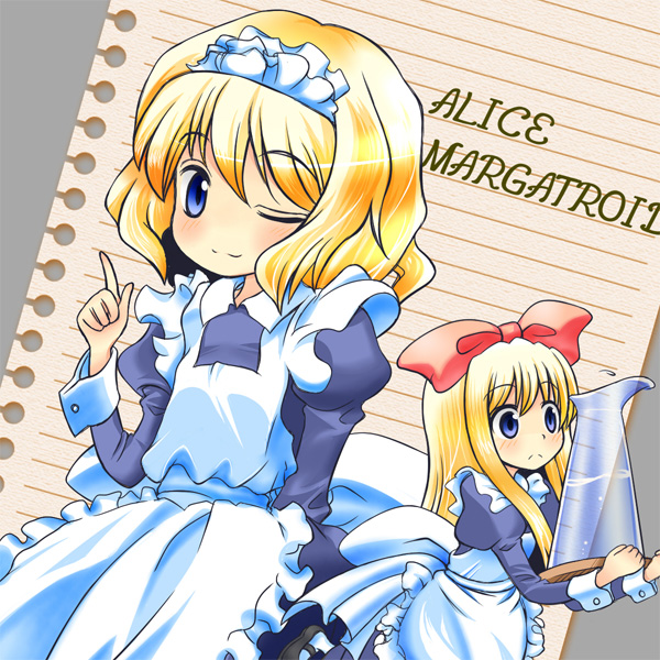 alice_margatroid alternate_costume apron blonde_hair blue_eyes bow character_name dutch_angle enmaided frown grey_background hair_bow index_finger_raised juliet_sleeves light_smile long_hair long_sleeves looking_at_viewer maid maid_apron maid_headdress one_eye_closed pitcher puffy_sleeves shanghai_doll short_hair sidelocks solo touhou tray wrist_cuffs yuuma_(pumpkin)