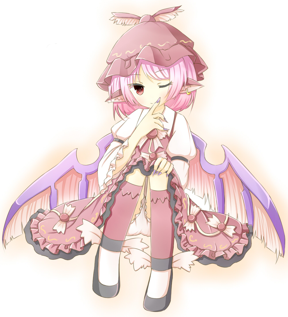;) animal_ears bad_id bad_pixiv_id bloomers dress earrings ellipsis_(mitei) finger_to_mouth frilled_dress frilled_sleeves frills hand_on_own_knee hat jewelry long_sleeves mystia_lorelei one_eye_closed pink_hair red_eyes short_hair sitting smile touhou underwear wings