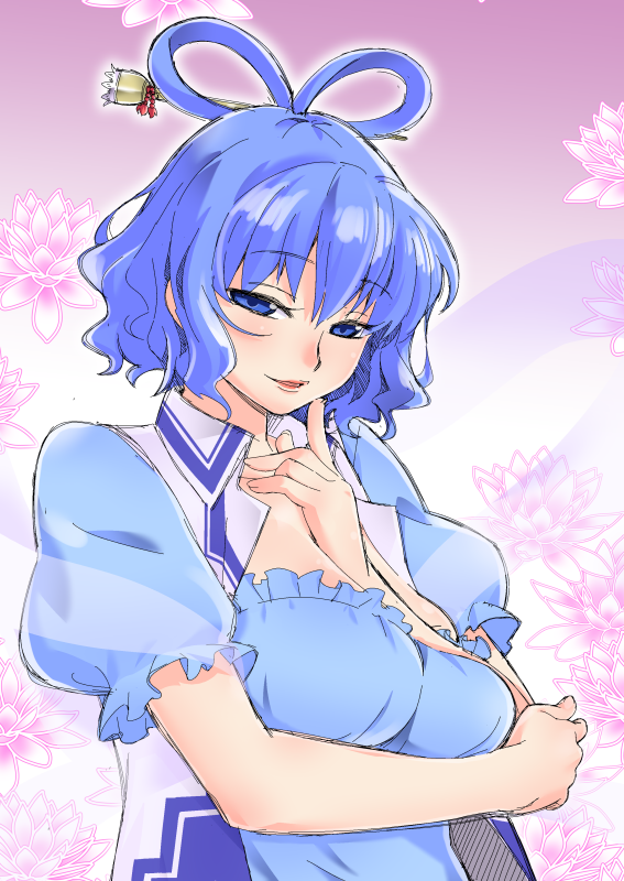 blue_dress blue_eyes blue_hair breast_hold breasts cleavage dress finger_to_mouth hair_ornament hair_rings hair_stick kaku_seiga large_breasts looking_at_viewer pera-o seductive_smile short_hair smile solo touhou