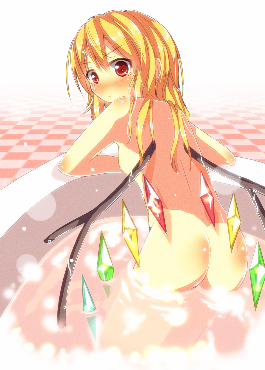alternate_hairstyle arm_support ass back bathing bathroom bathtub blonde_hair blush checkered checkered_floor flandre_scarlet from_behind hair_down highres long_hair looking_back no_hat no_headwear nude red_eyes solo touhou wet wings yuimari