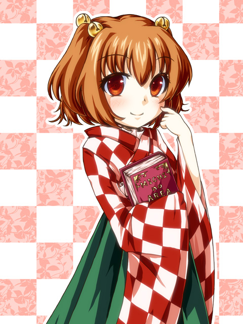 bell book book_hug checkered checkered_background hair_bell hair_ornament holding holding_book japanese_clothes motoori_kosuzu red_eyes red_hair smile solo touhou two_side_up wide_sleeves yuran_(kuen-hien)