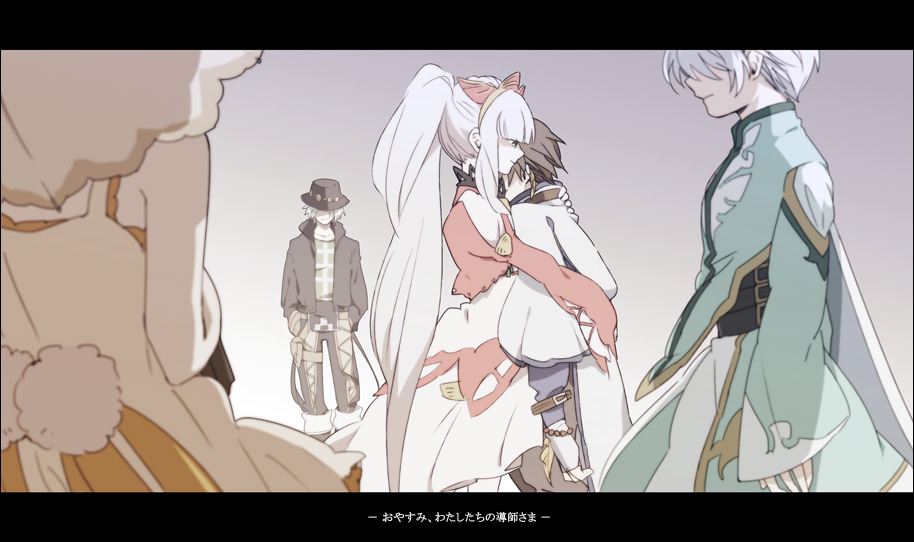 3boys bad_id bad_pixiv_id black_hat brown_hair cape coat dezel_(tales) dress edna_(tales) grey_background hacho hairband hands_in_pockets hat hug jacket lailah_(tales) letterboxed long_hair mikleo_(tales) multiple_boys multiple_girls pants ponytail shawl sorey_(tales) tales_of_(series) tales_of_zestiria translation_request umbrella very_long_hair white_hair