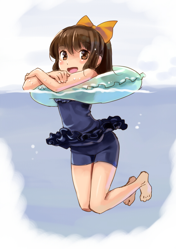 barefoot blush bow brown_eyes brown_hair double_frill_skirt_swimsuit frilled_swimsuit frills full_body hair_bow innertube katahira_masashi looking_at_viewer nontraditional_school_swimsuit one-piece_swimsuit partially_submerged ponytail school_swimsuit short_hair smile solo swimsuit