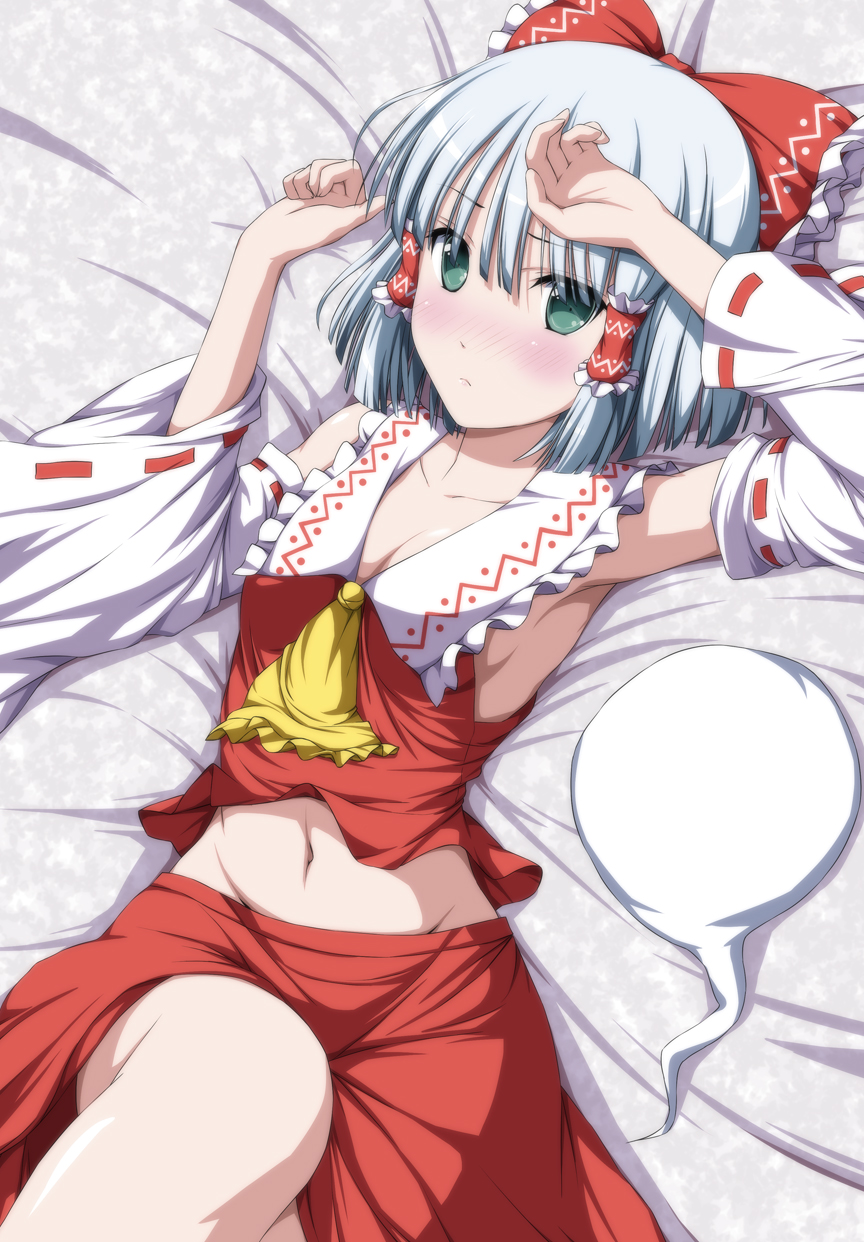 armpits arms_up ascot blush bow breasts cleavage collarbone commentary cosplay detached_sleeves ghost groin hair_bow hair_tubes hakurei_reimu hakurei_reimu_(cosplay) highres hitodama konpaku_youmu konpaku_youmu_(ghost) lying medium_breasts midriff navel no_bra no_panties nori_tamago on_back short_hair silver_hair solo touhou